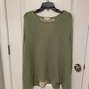 Olive Green Sweater Top With Lace